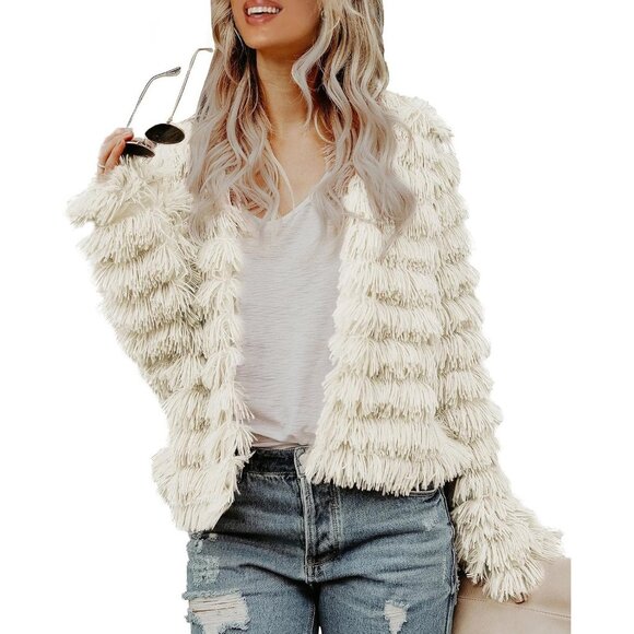 Jackets & Blazers - Women's Beige Inorin Faux Fur Coat Open Front Shaggy Cardigan Vintage Jacket
